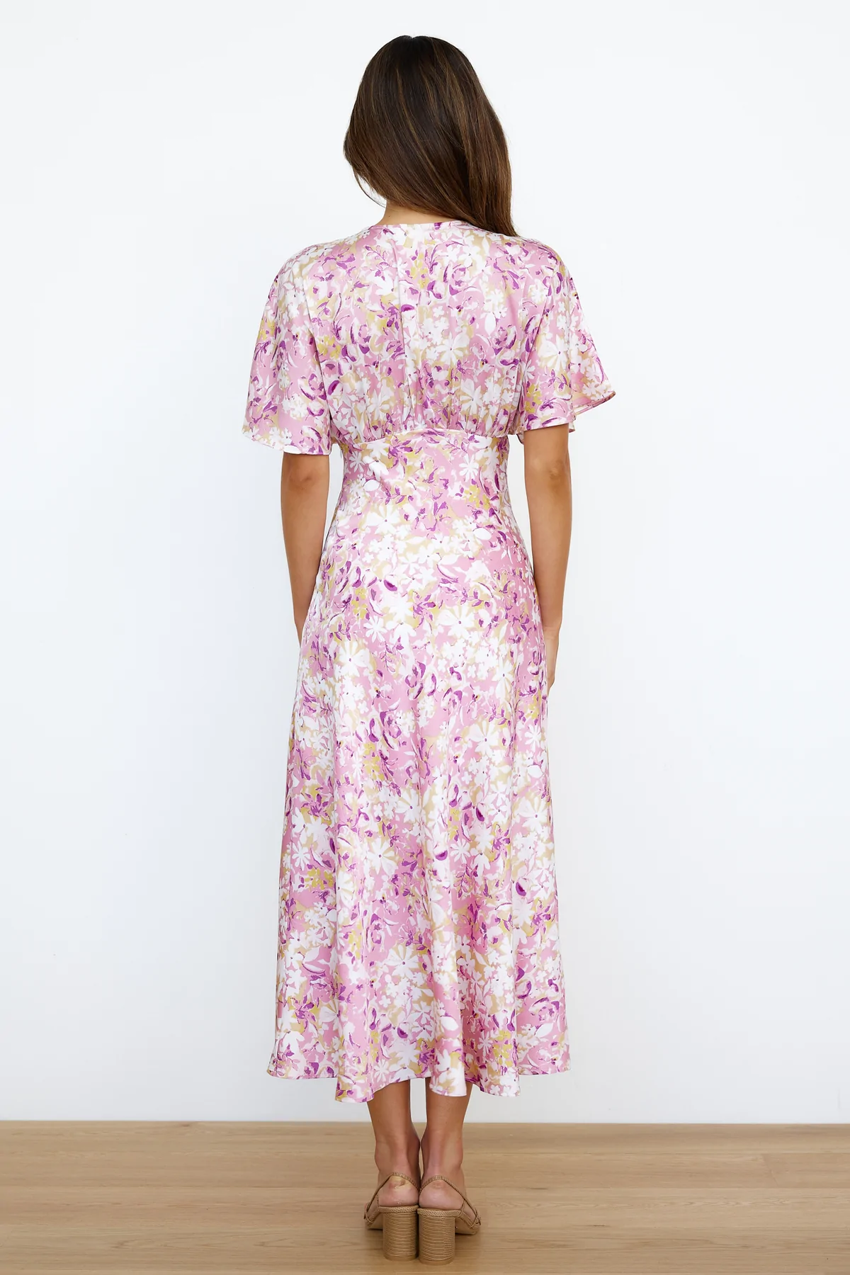 Floral Print Deep V-Neck Flutter Sleeve Front Split Midi Dress 2