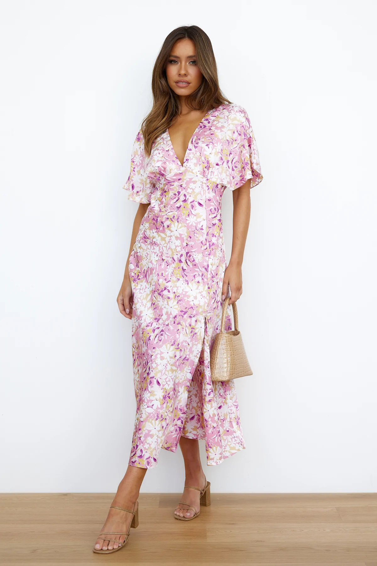 Floral Print Deep V-Neck Flutter Sleeve Front Split Midi Dress 3