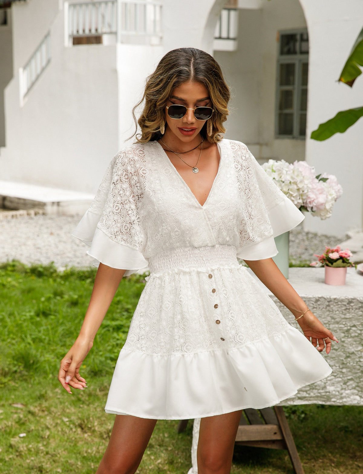 Lace V-Neck Batwing Sleeve Smocked Waist Ruffle Hem Mini Dress 2