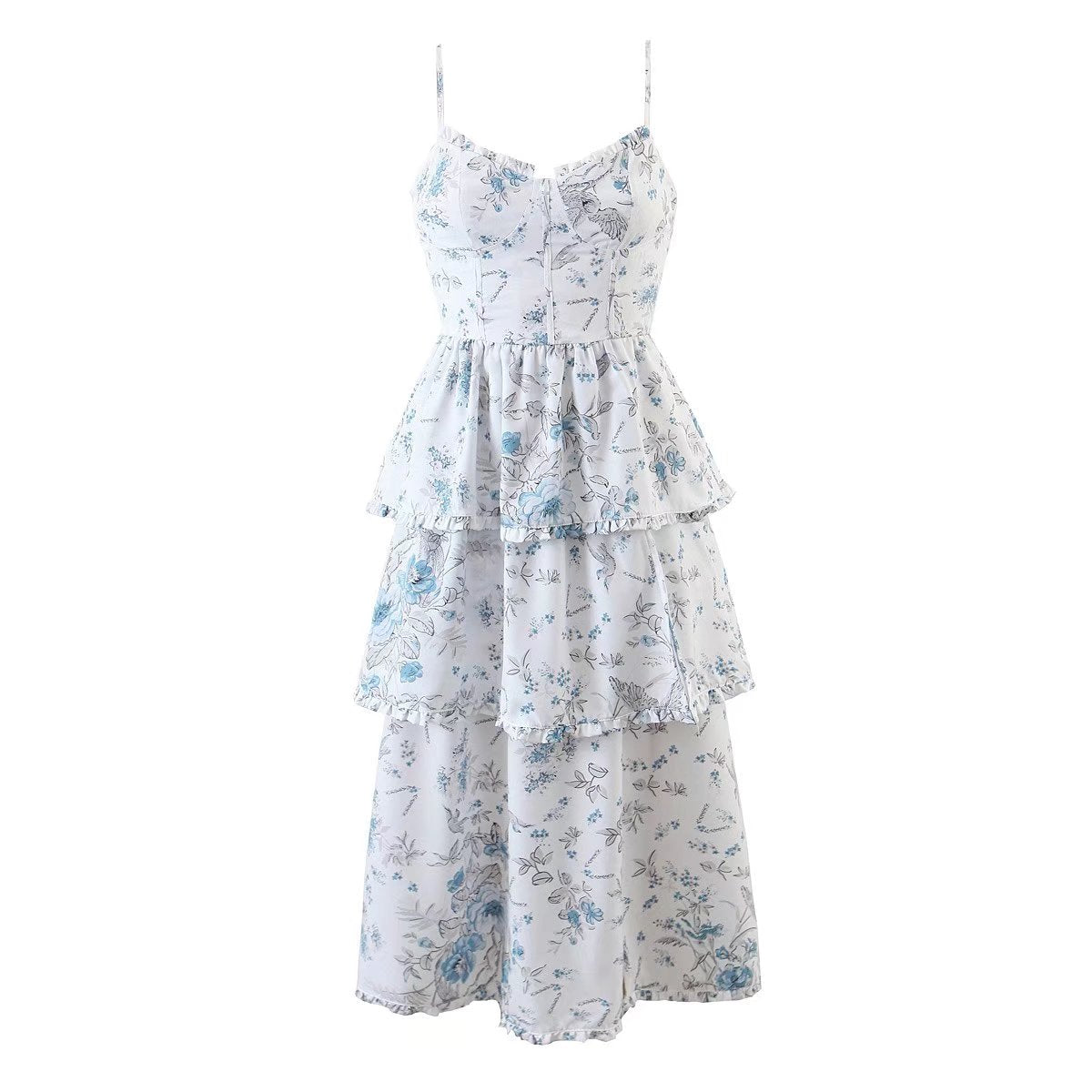 Floral Print Corset Bodice Tiered Ruffle High Split Midi Dress 2