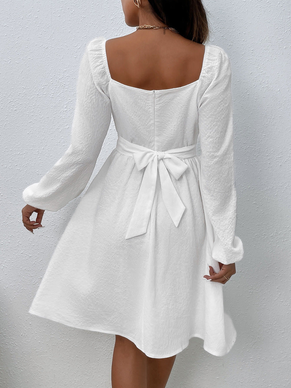 Textured Square Neck Long Sleeve Frill Trim Wrap Waist A-Line Mini Dress 3