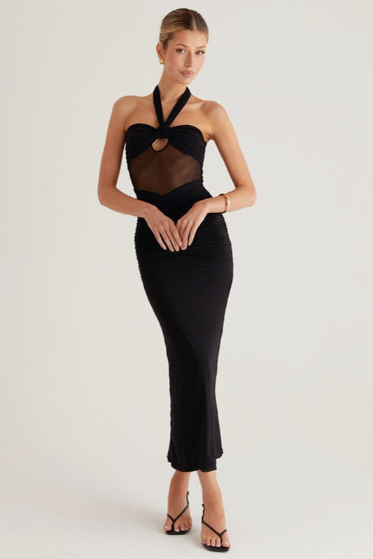 Halter Neck Twist Front Cut Out Sheer Mesh Mermaid Maxi Dress