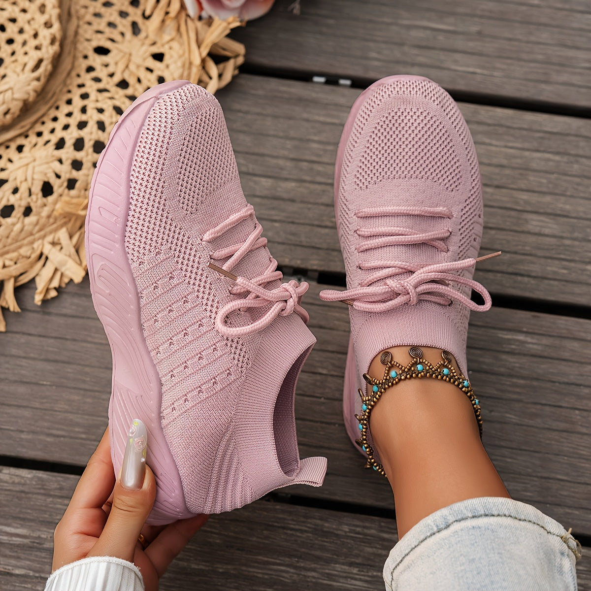 Knit Mesh Lace Up Thick Sole Sneakers