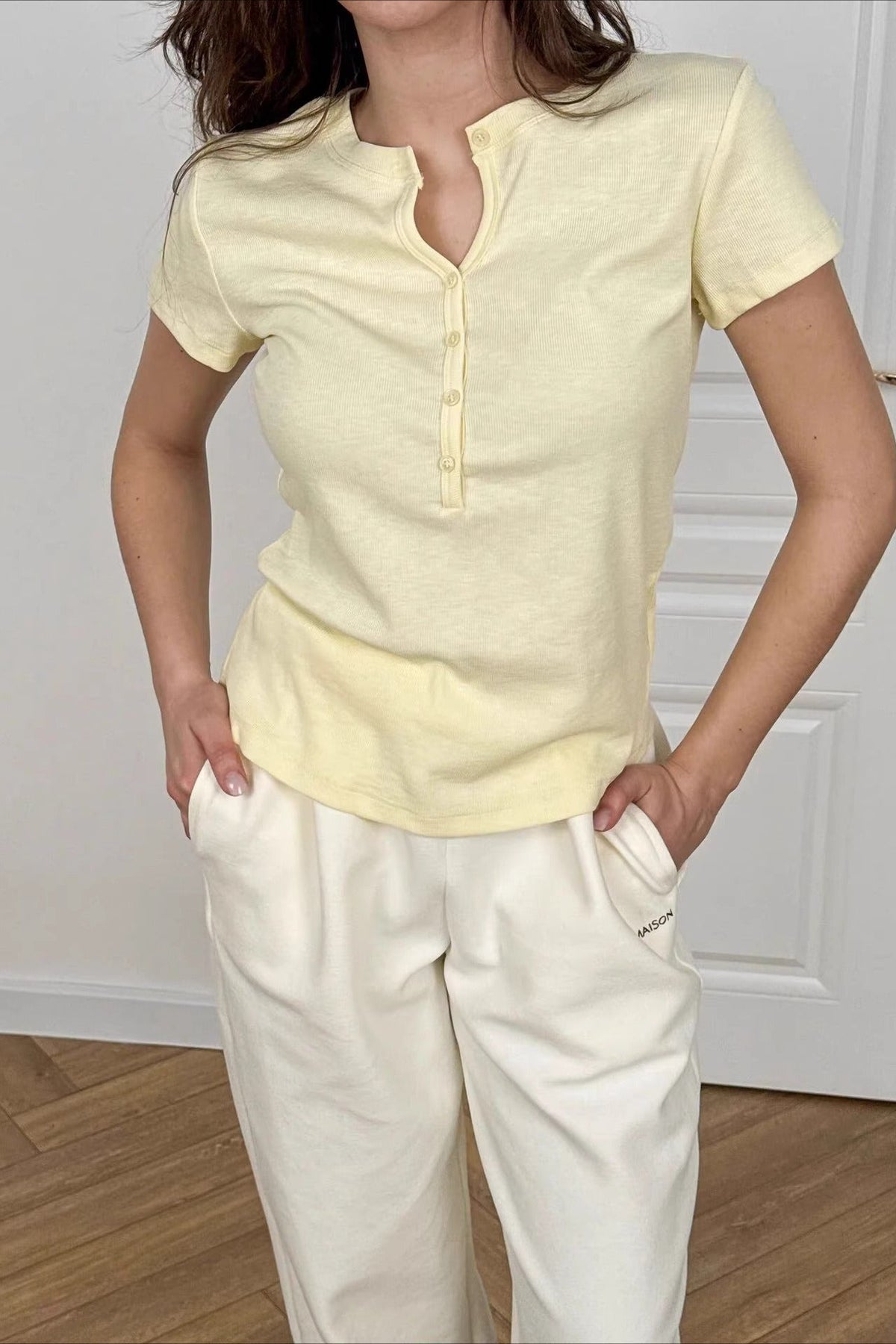 Notch Neck Half Button Placket Short Sleeve Fitted Henley Top