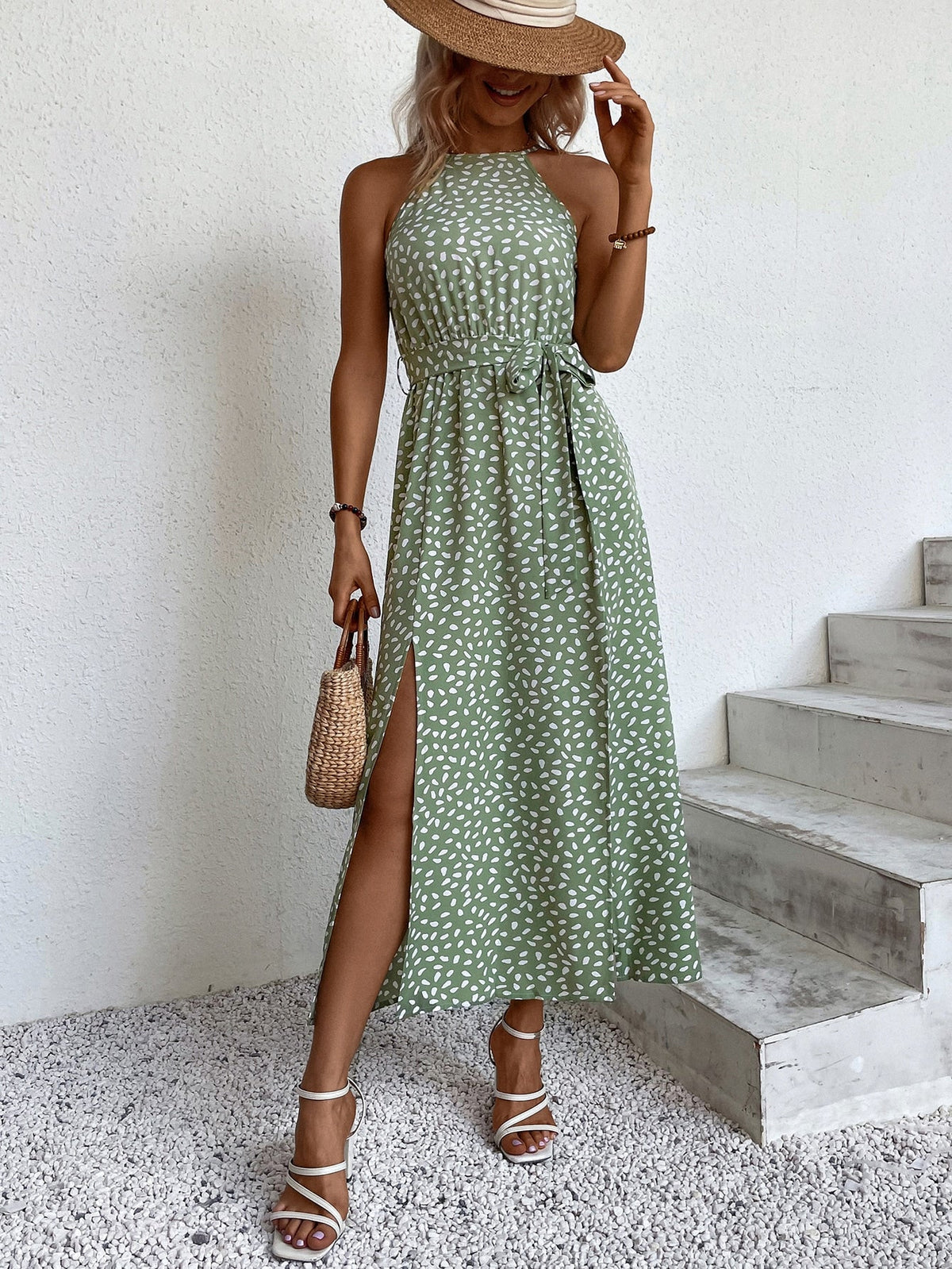 Women Summer Slit Belt Tether Sling Dress