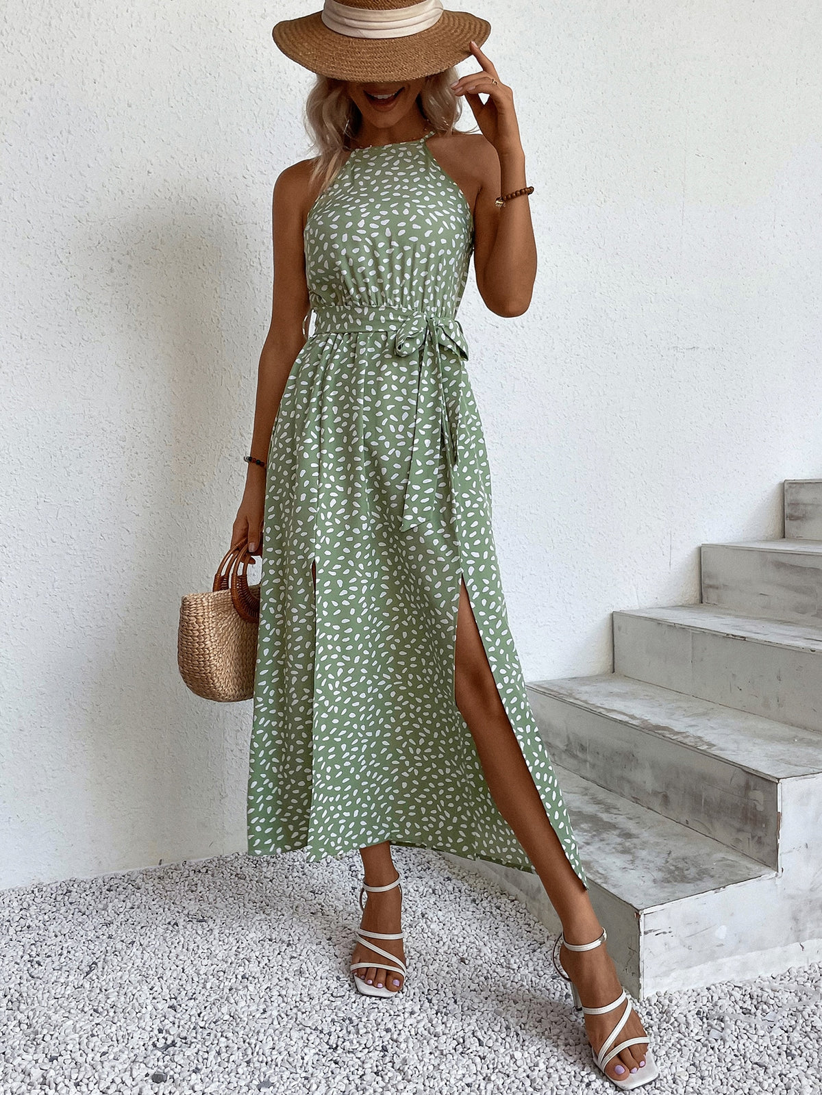 Women Summer Slit Belt Tether Sling Dress