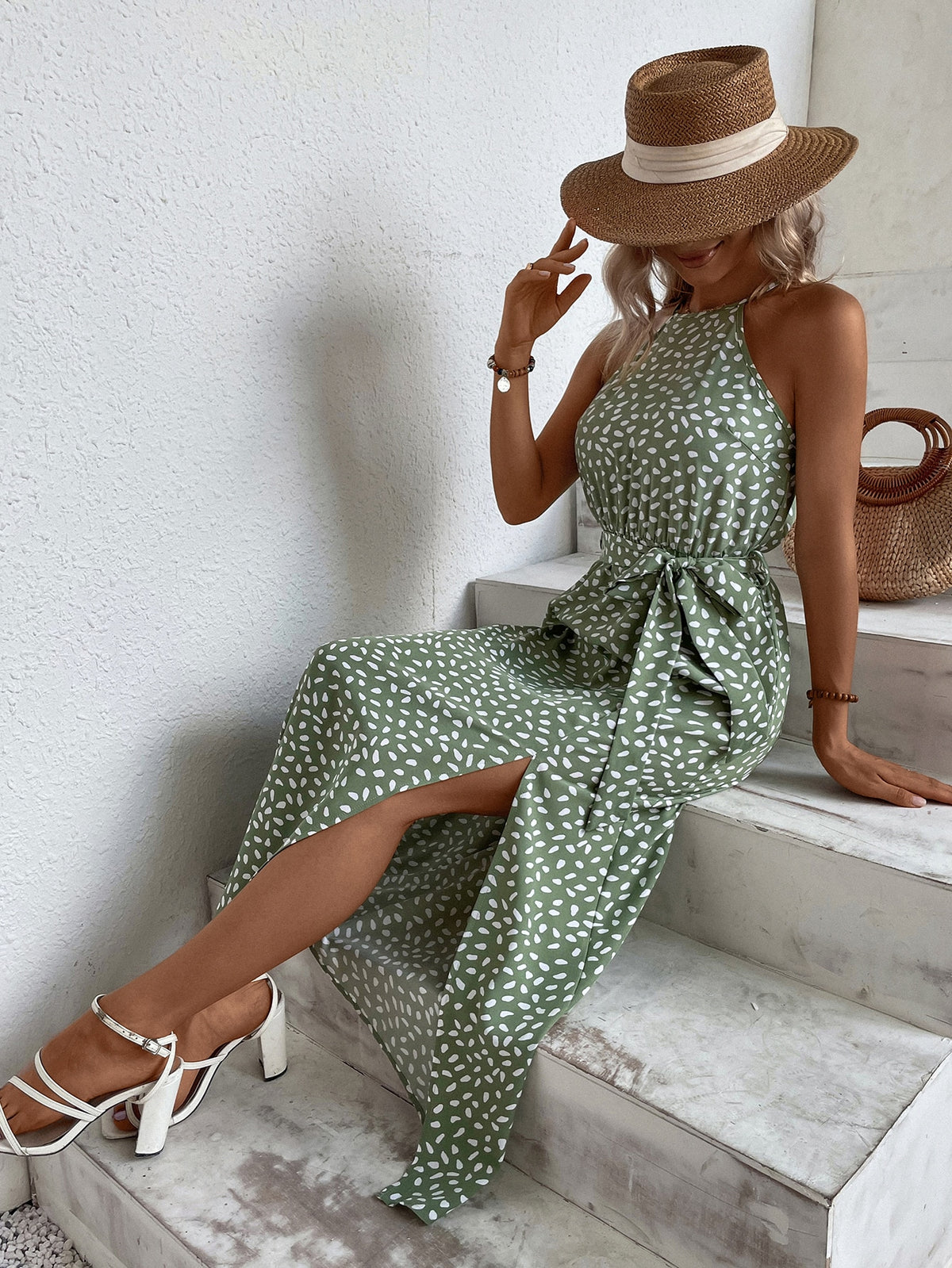 Women Summer Slit Belt Tether Sling Dress