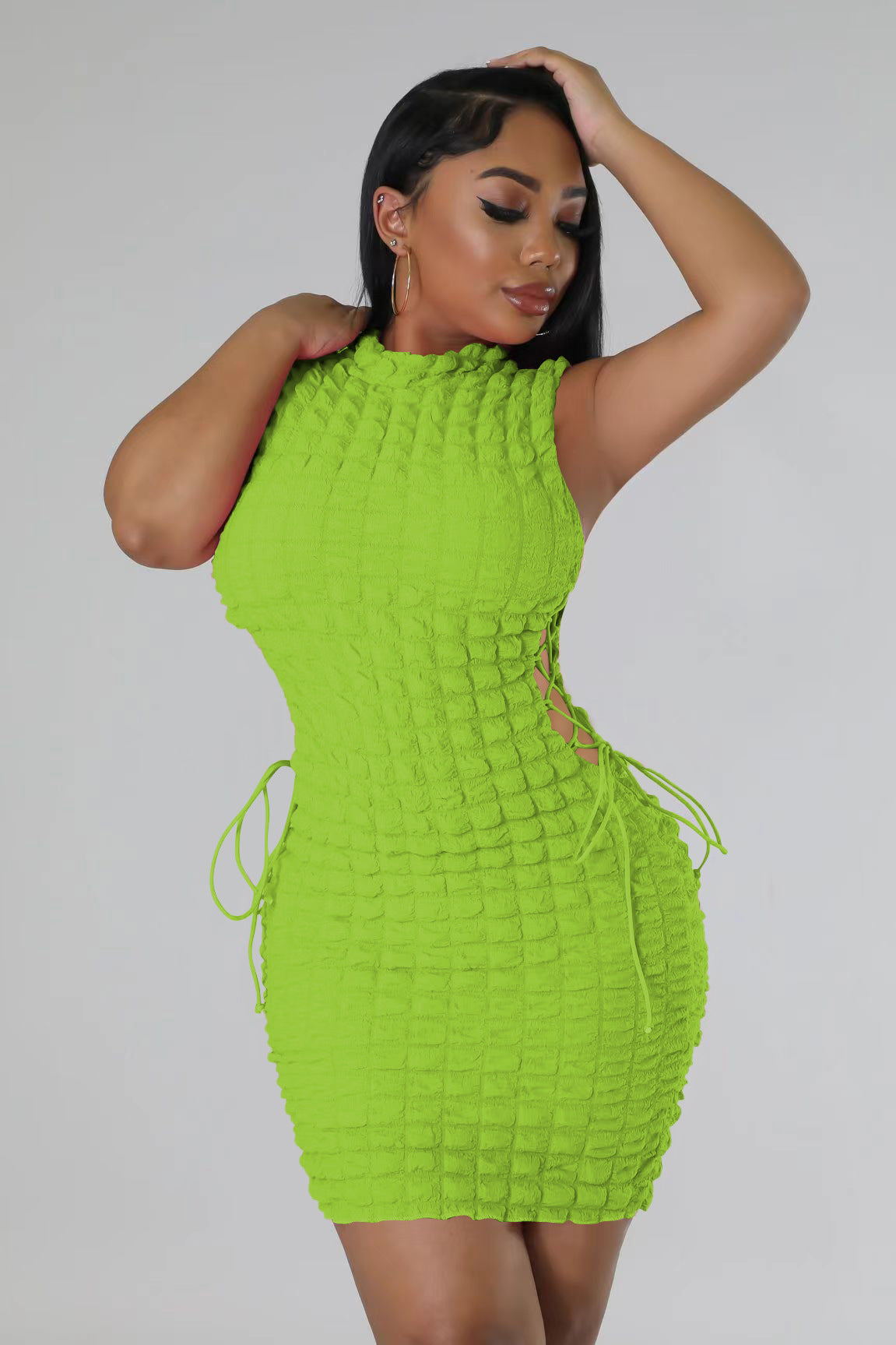 Textured Bubble Knit Mock Neck Side Lace Up Bodycon Mini Dress 6