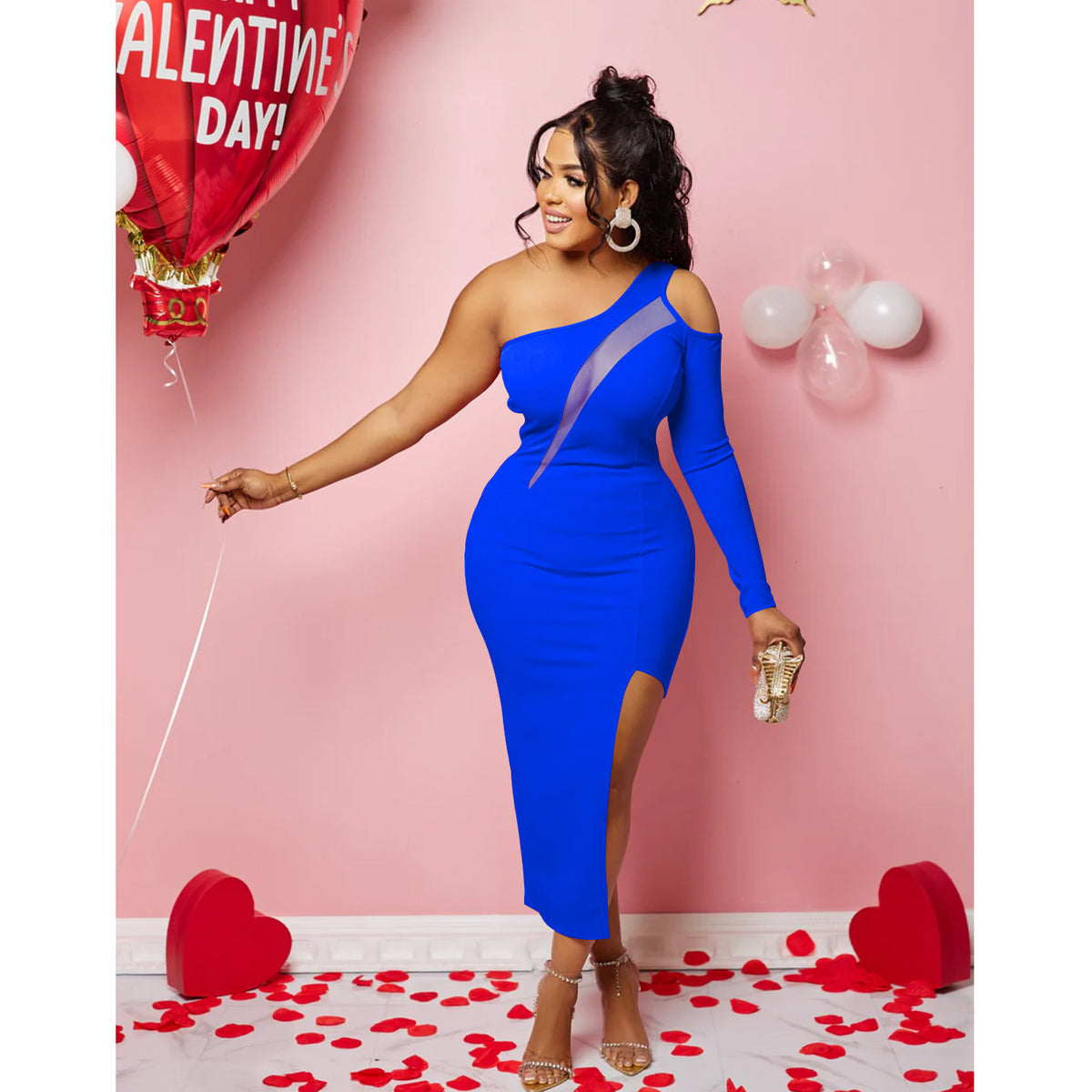 Sexy Women Clothing Solid Color Shoulder Mesh Stitching Single Long Sleeve Split Dress