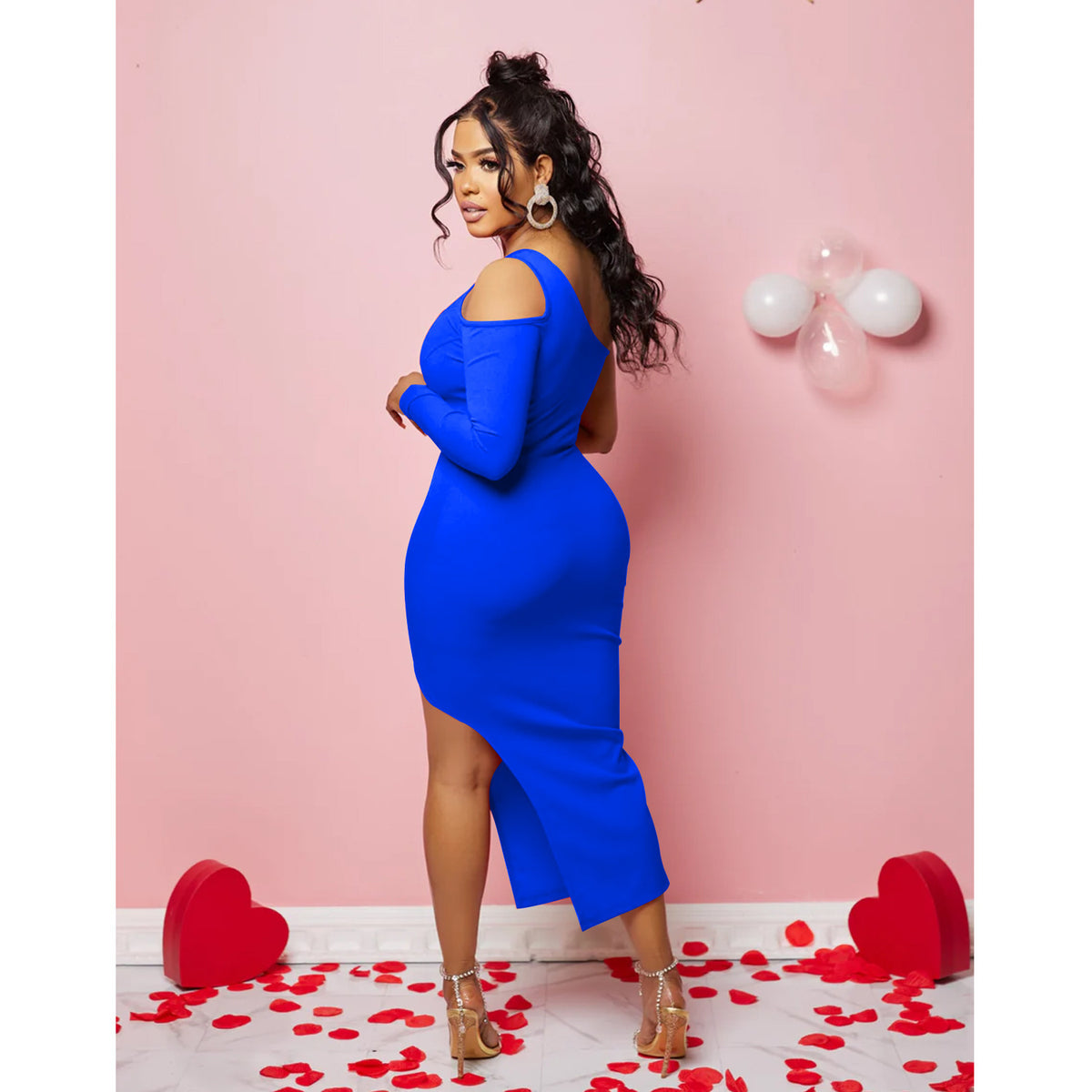Sexy Women Clothing Solid Color Shoulder Mesh Stitching Single Long Sleeve Split Dress