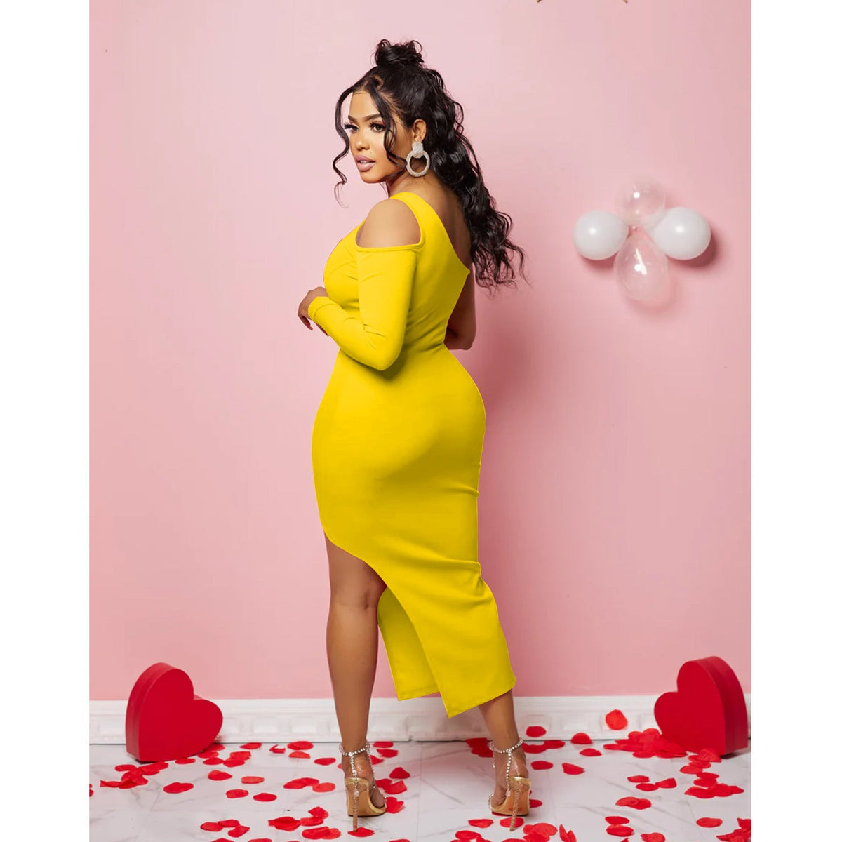 Sexy Women Clothing Solid Color Shoulder Mesh Stitching Single Long Sleeve Split Dress