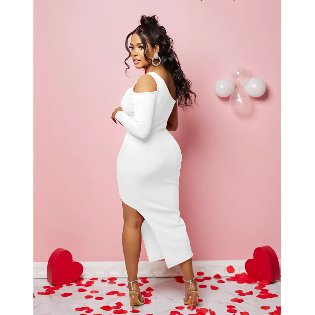 Sexy Women Clothing Solid Color Shoulder Mesh Stitching Single Long Sleeve Split Dress