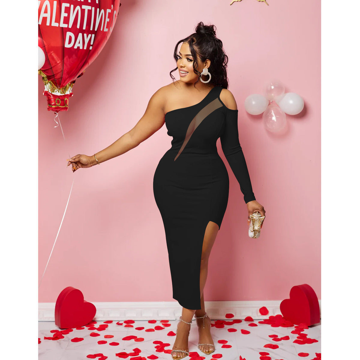 Sexy Women Clothing Solid Color Shoulder Mesh Stitching Single Long Sleeve Split Dress