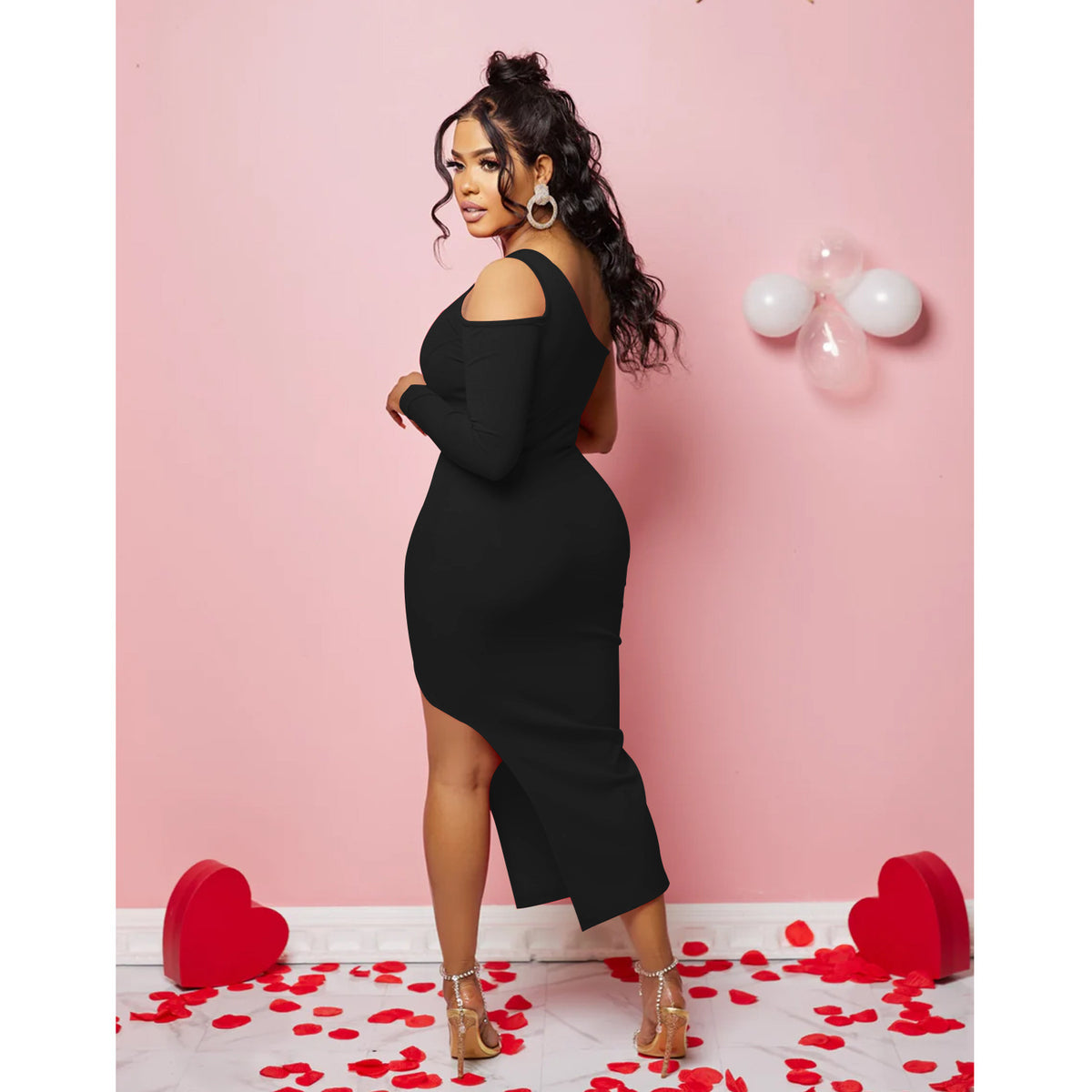 Sexy Women Clothing Solid Color Shoulder Mesh Stitching Single Long Sleeve Split Dress