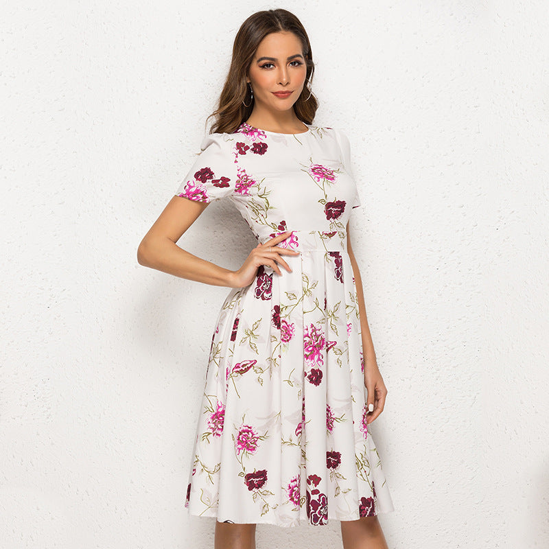 Printed Dress Short Sleeve Round Neck Elegant Dress