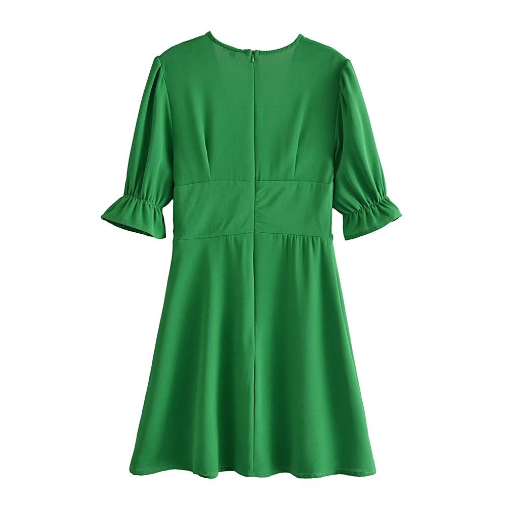 Women Clothing Buckle Slim Short Sleeve Solid Color Dress Casual Wild