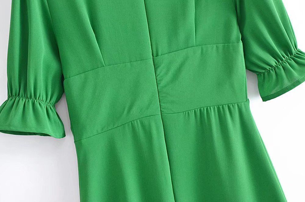 Women Clothing Buckle Slim Short Sleeve Solid Color Dress Casual Wild