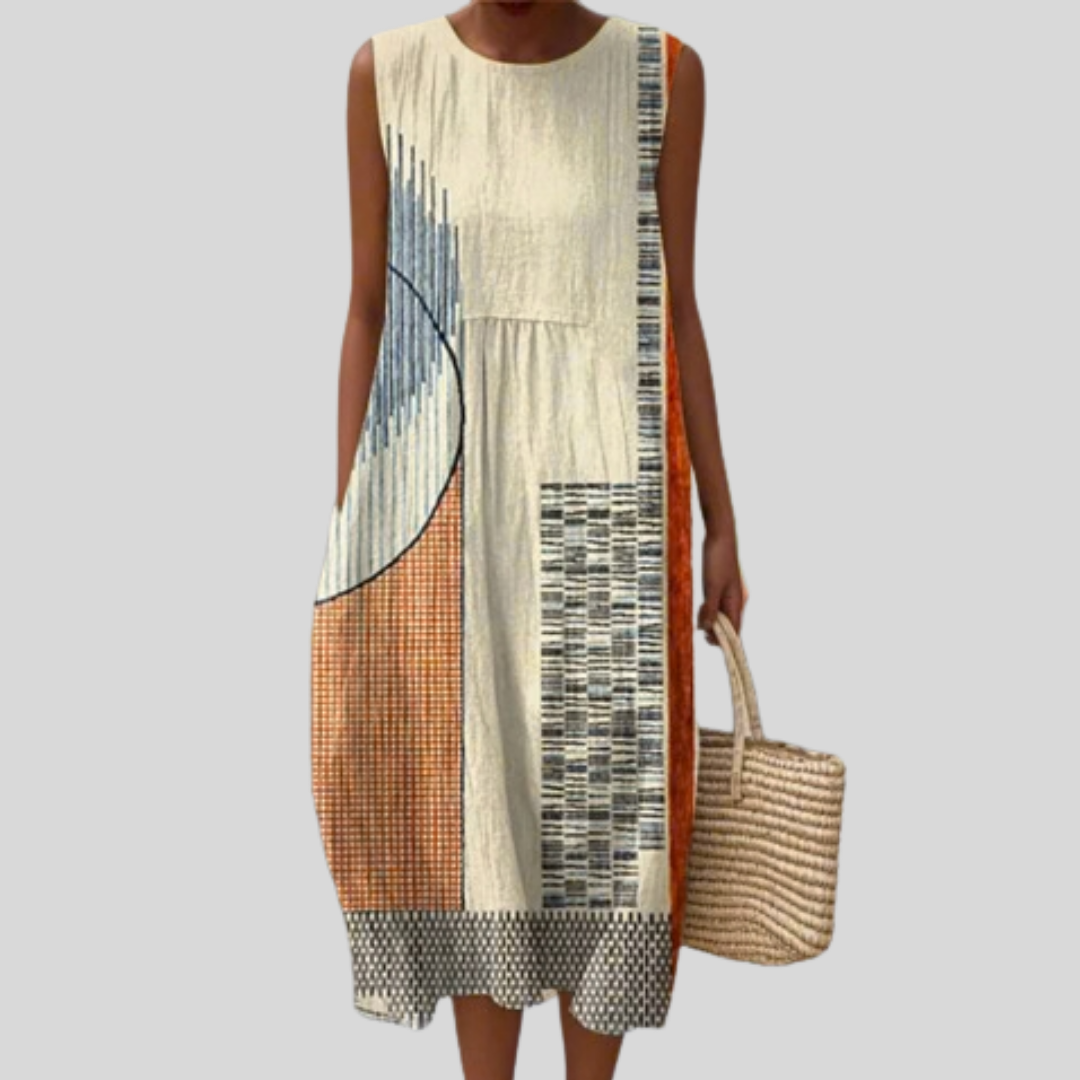 Geometric Color Block Sleeveless Crew Neck Midi Dress
