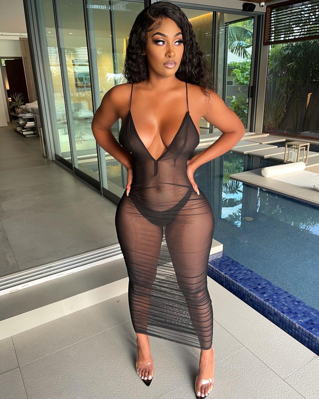 Sexy Strap Pleated Mesh See through Dress