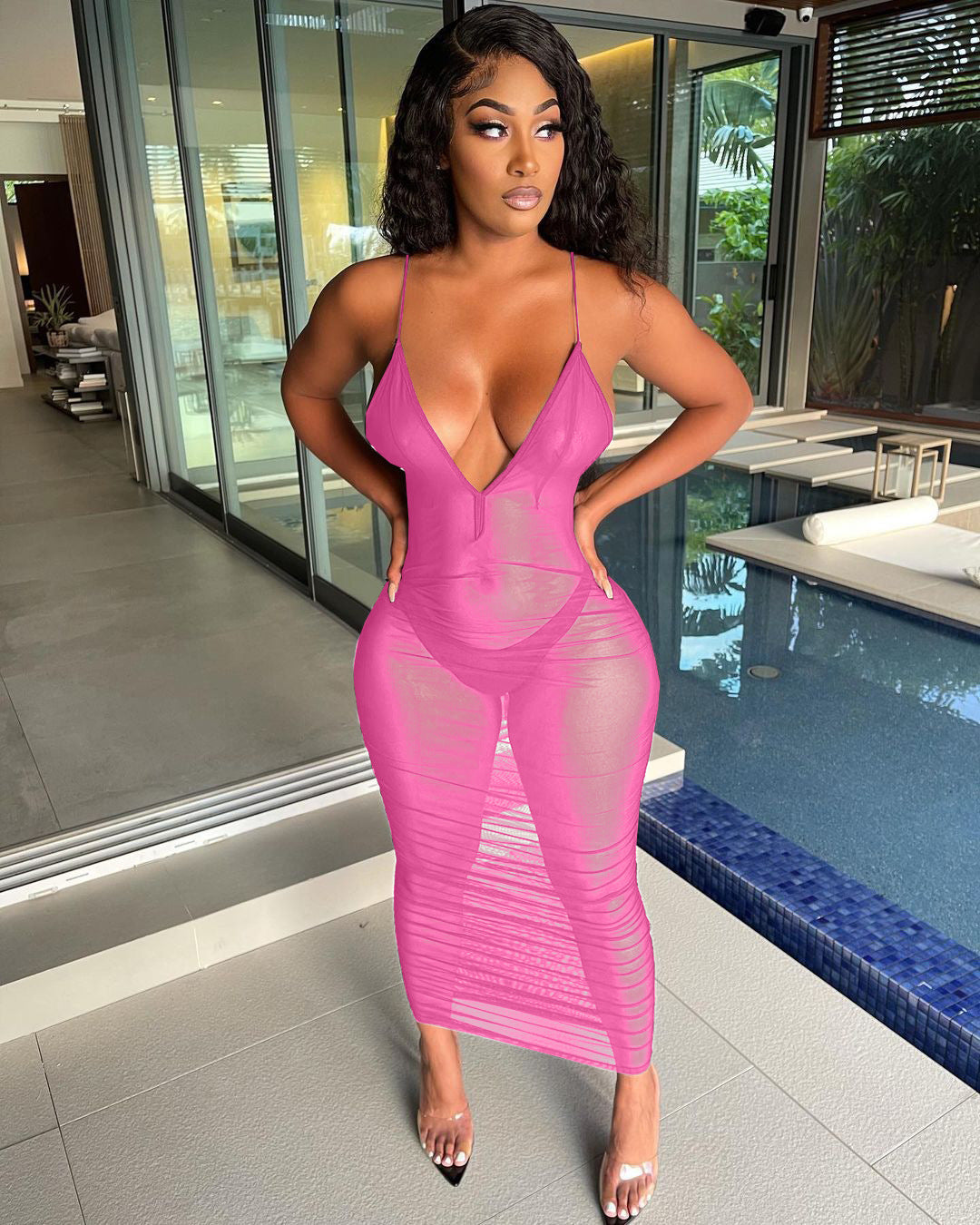 Sexy Strap Pleated Mesh See through Dress