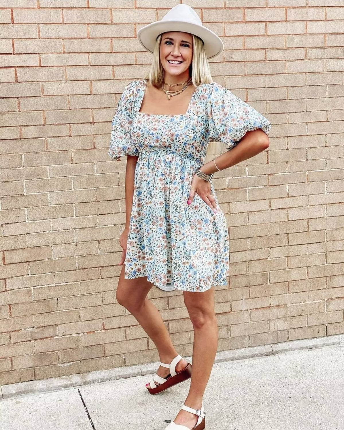 Floral Print Sweetheart Neck Puff Short Sleeve Babydoll Mini Dress 3