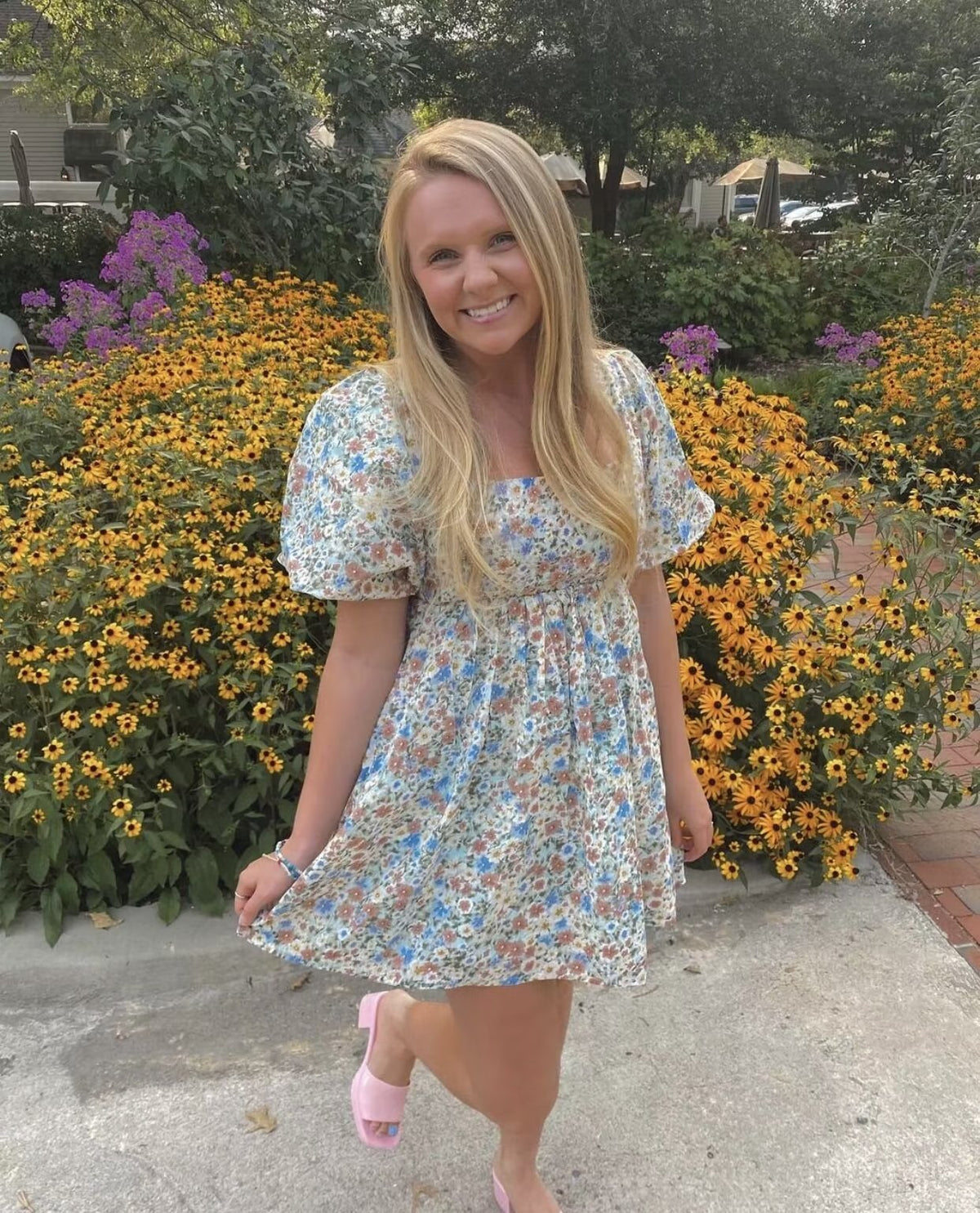 Floral Print Sweetheart Neck Puff Short Sleeve Babydoll Mini Dress 4