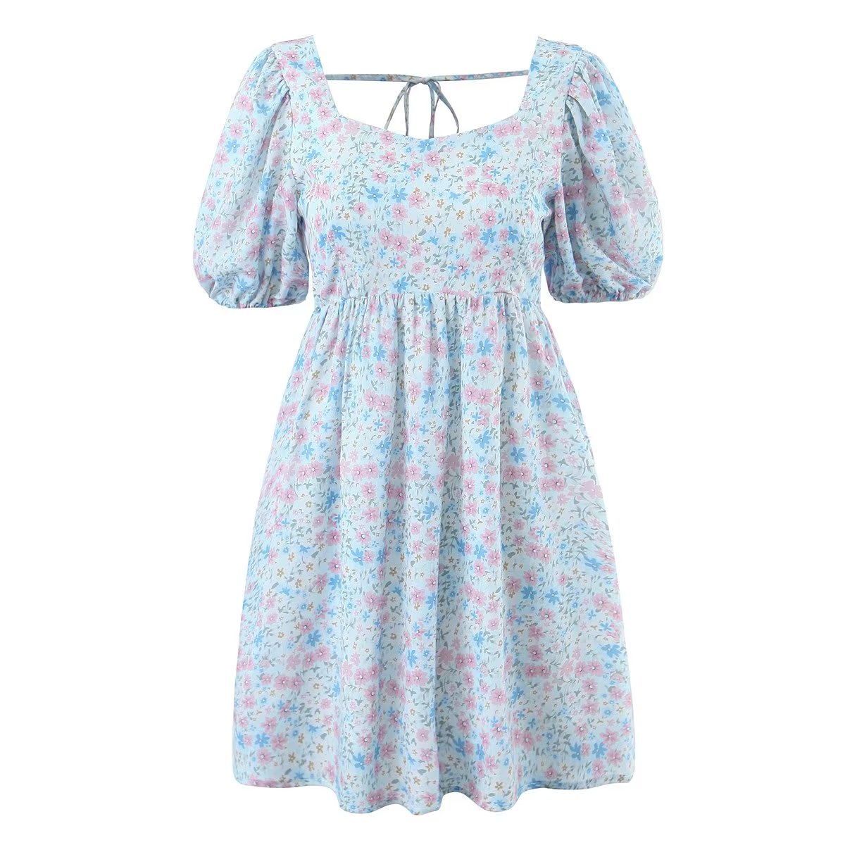 Floral Print Sweetheart Neck Puff Short Sleeve Babydoll Mini Dress 6