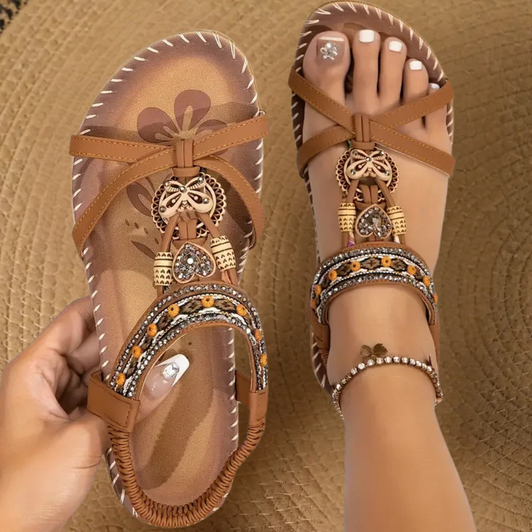 Beaded Boho T-Strap Flat Sandals
