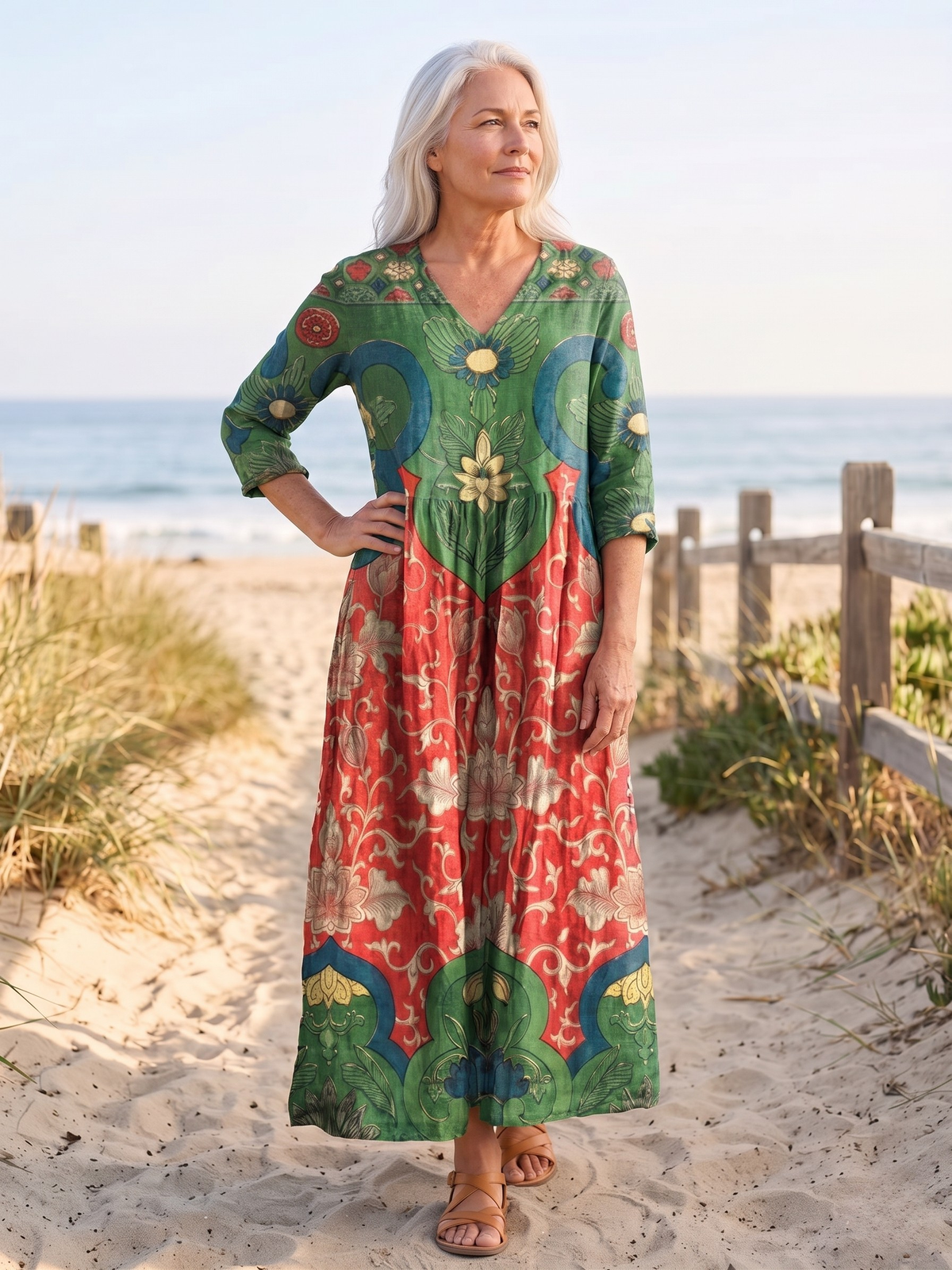 Floral V-Neck Three Quarter Sleeve Tiered Maxi Dress
