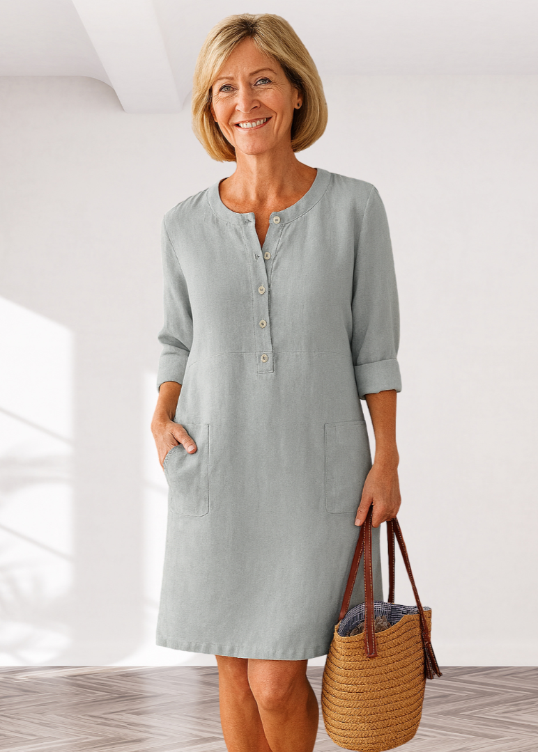 Linen Look Button Placket Long Sleeve Pocket Shift Dress