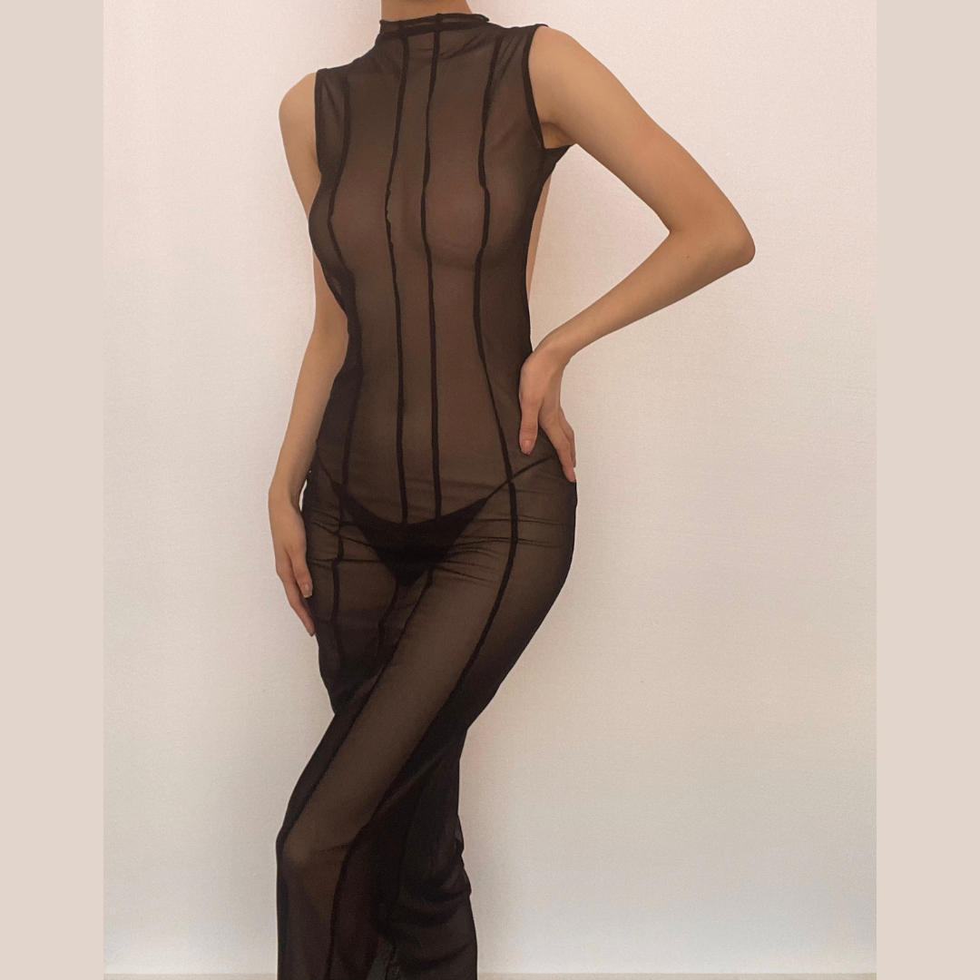 Sheer Mesh Mock Neck Sleeveless Exposed Seam Backless Maxi Dress