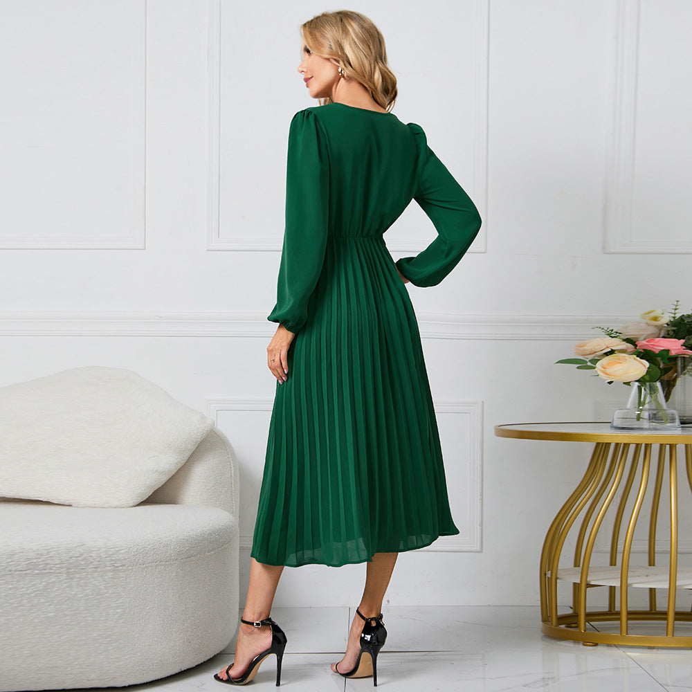 Minimalist Guillermina Pleated Midi Dress with a Crossover V Neck Designer Edit