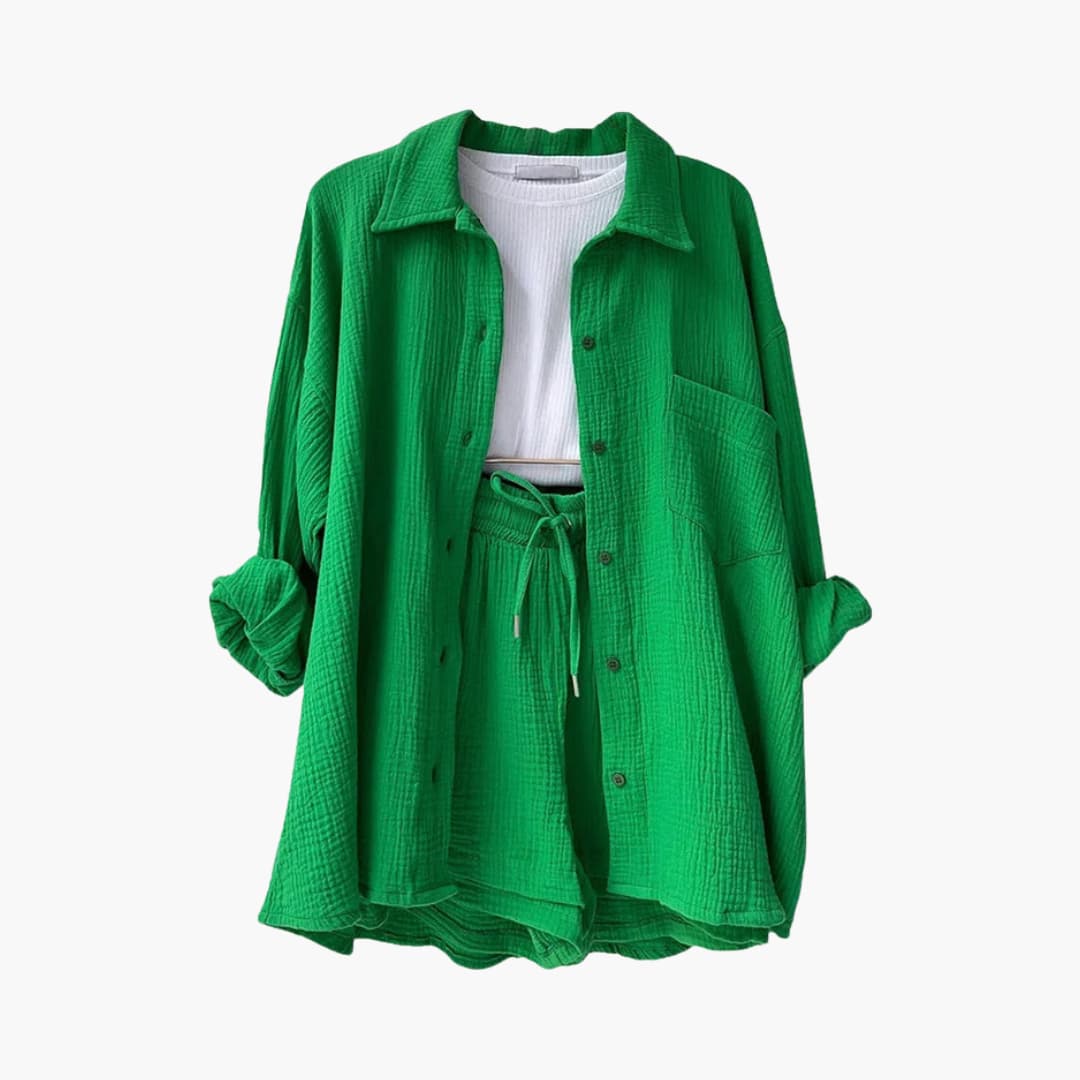 Button Front Shirt and Drawstring Shorts Two Piece Set