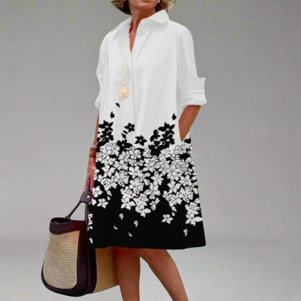 Zinnia - Women’s Long Sleeve Floral Print Midi Dress White Black