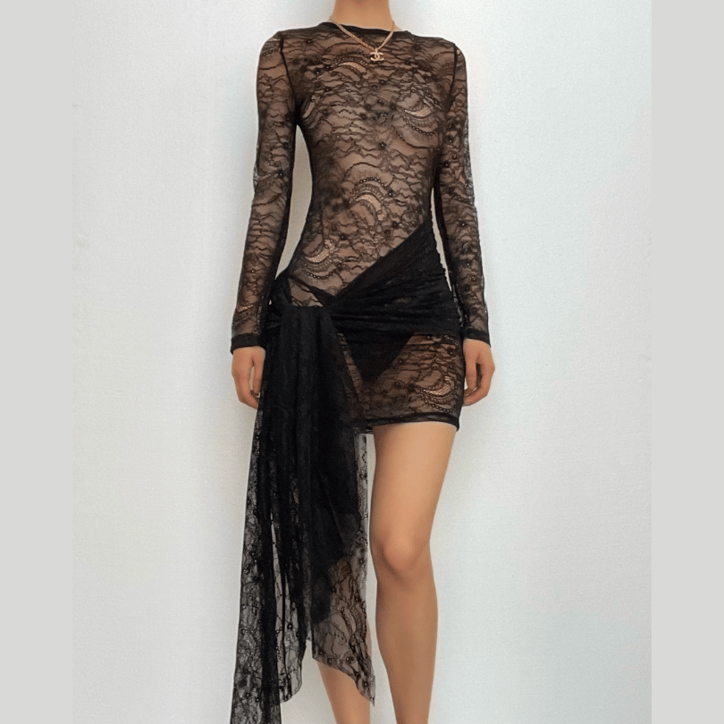 Sheer Lace Long Sleeve Crew Neck Tie Waist Drape Mini Dress