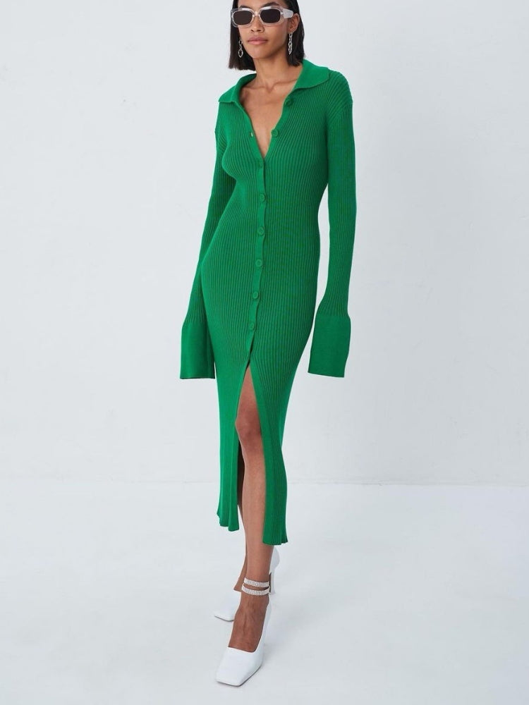 Long Cardigan Knit V - Neck Sweater Dress