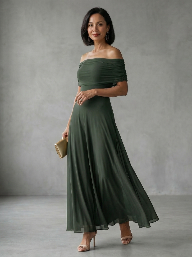 Off Shoulder Foldover Fit and Flare Maxi Dress