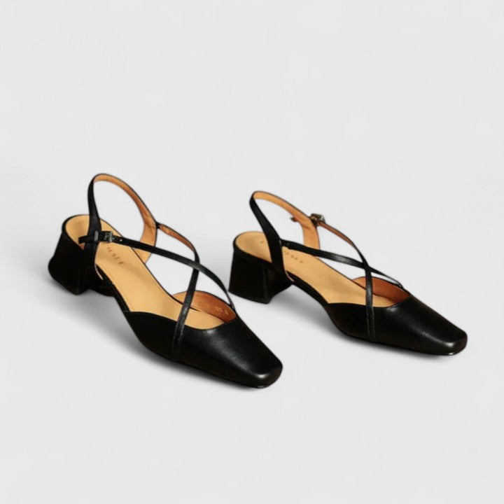 Square Toe Slingback Cross Strap Block Heel Pumps