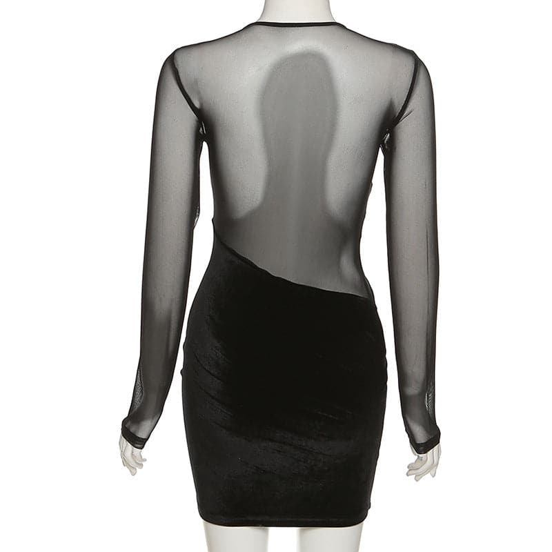 Mesh velvet solid low cut irregular long sleeve mini dress 5