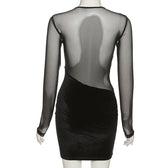 Mesh velvet solid low cut irregular long sleeve mini dress 5