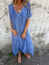 Linen V-Neck Short Sleeve Loose Midi Dress 4