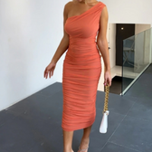 Mesh One Shoulder Ruched Bodycon Midi Dress 19