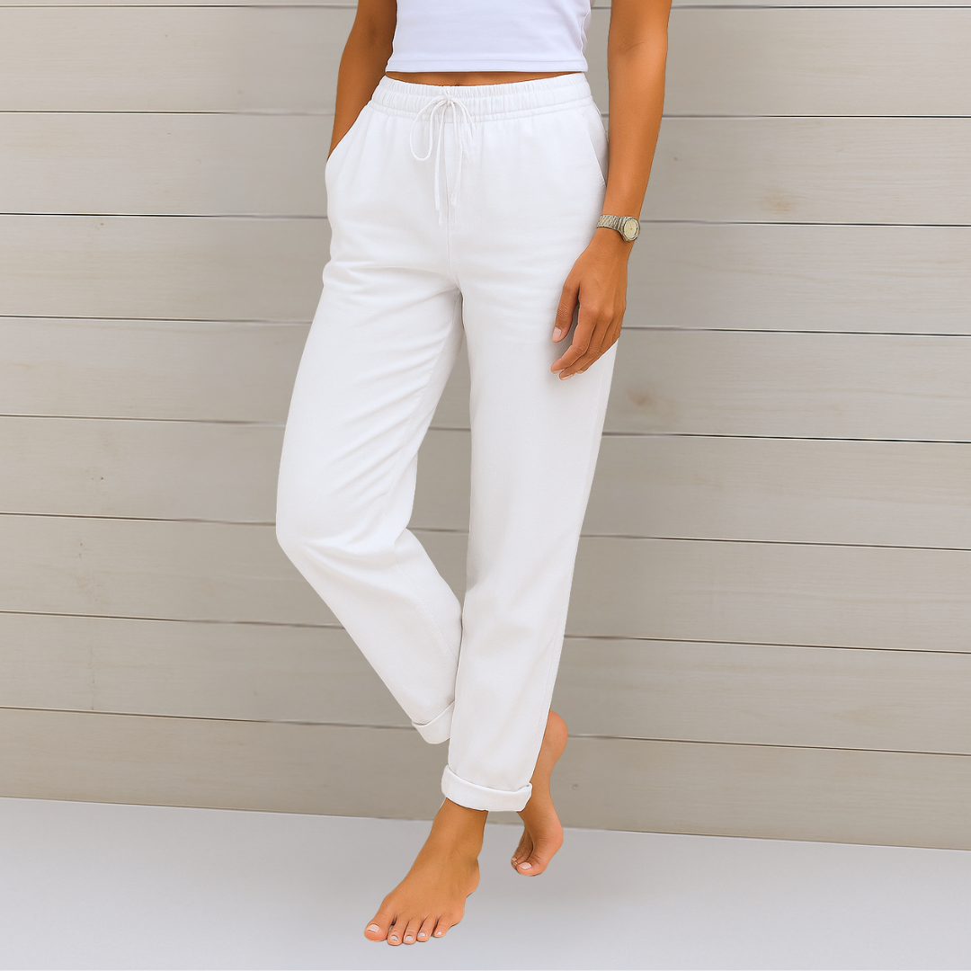 High Waist Drawstring Linen Look Tapered Pants