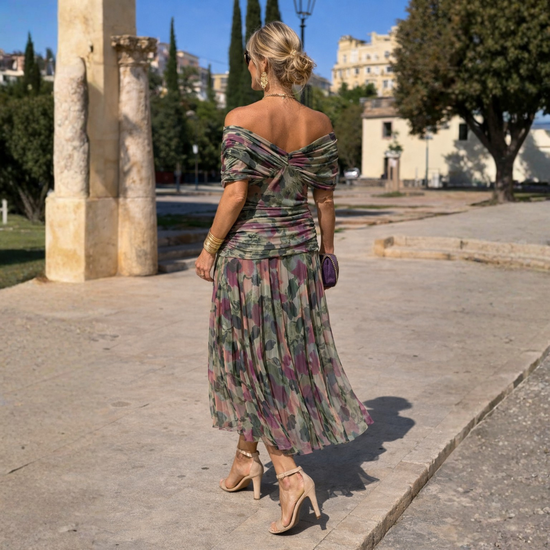 V-Neck Ruched Wrap Short Sleeve Chiffon Maxi Dress