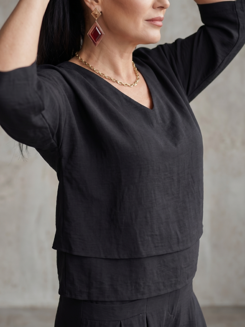 V-Neck Layered Top and Wide Leg Pants Two Piece Set