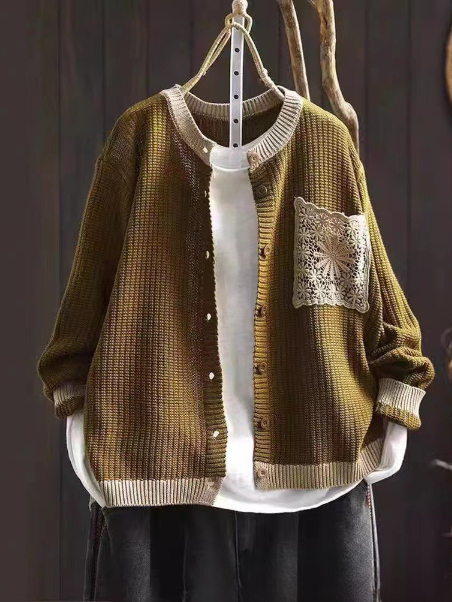 Round Neck Button Front Crochet Pocket Knit Cardigan