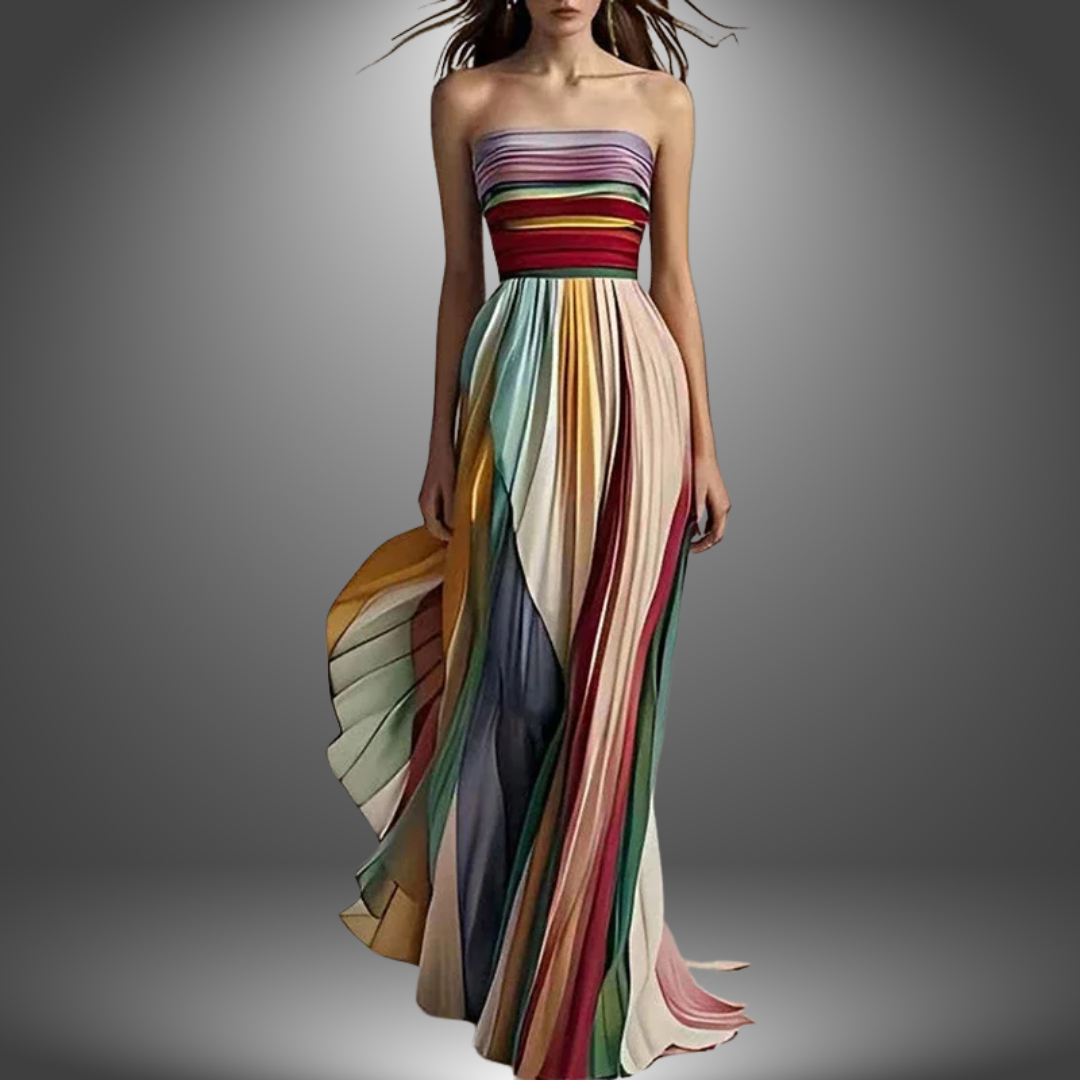 Striped Strapless Pleated Maxi Dress
