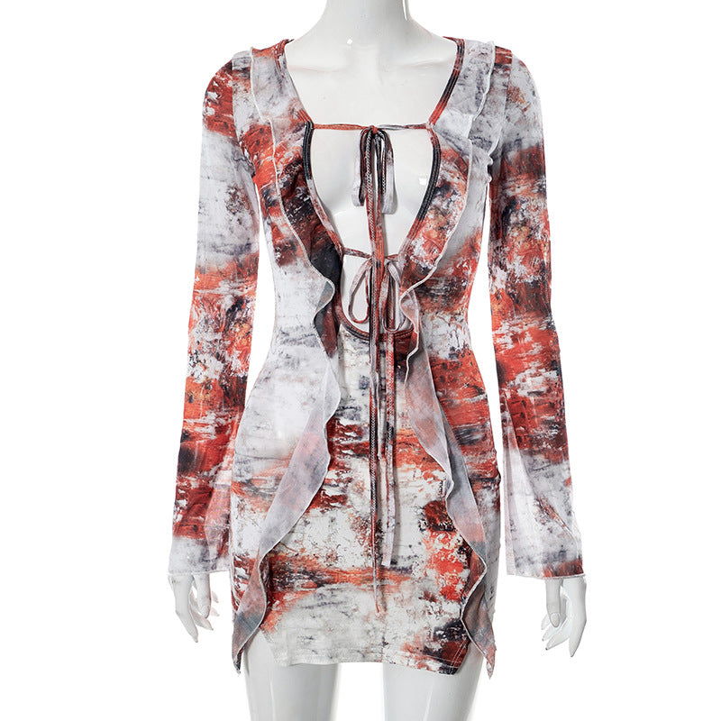 Long sleeve contrast print self tie ruffle mini dress