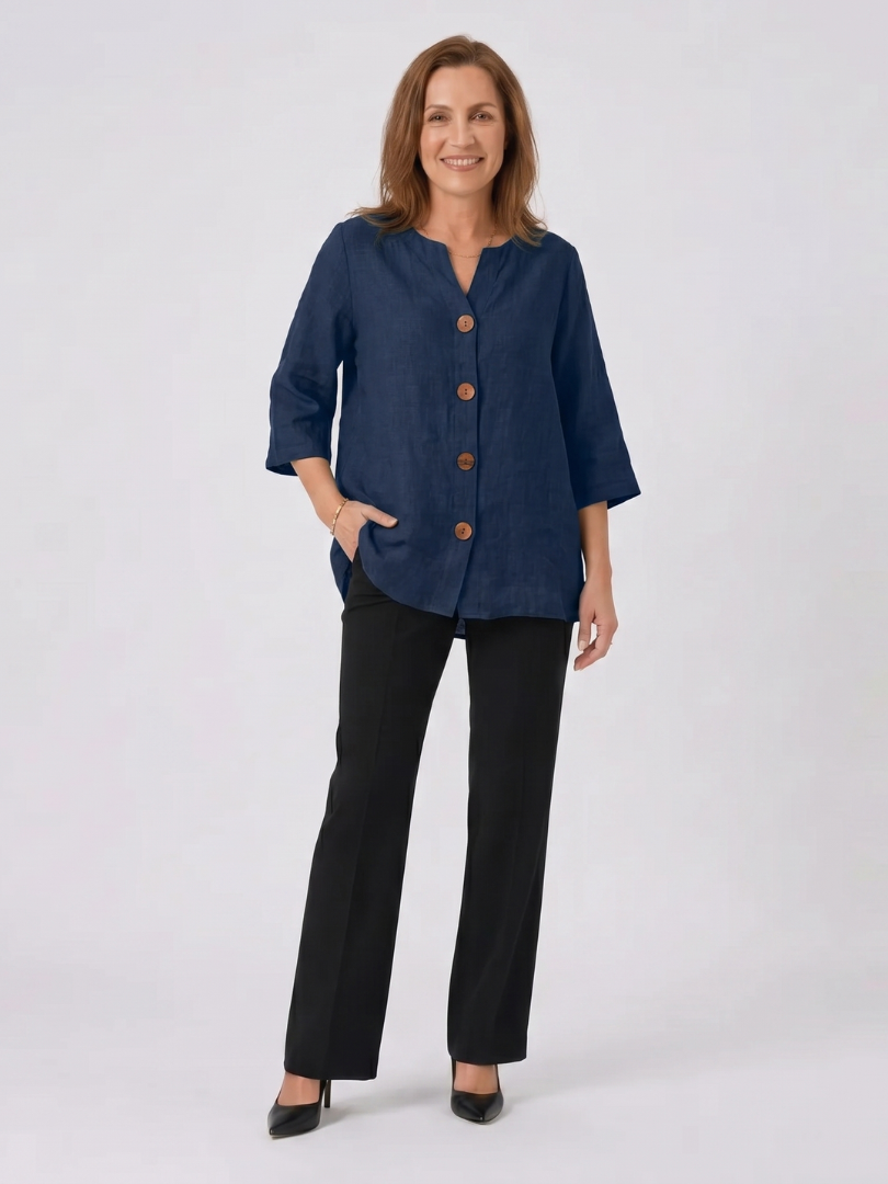 Button Front Notch Neck Half Sleeve Linen Blouse