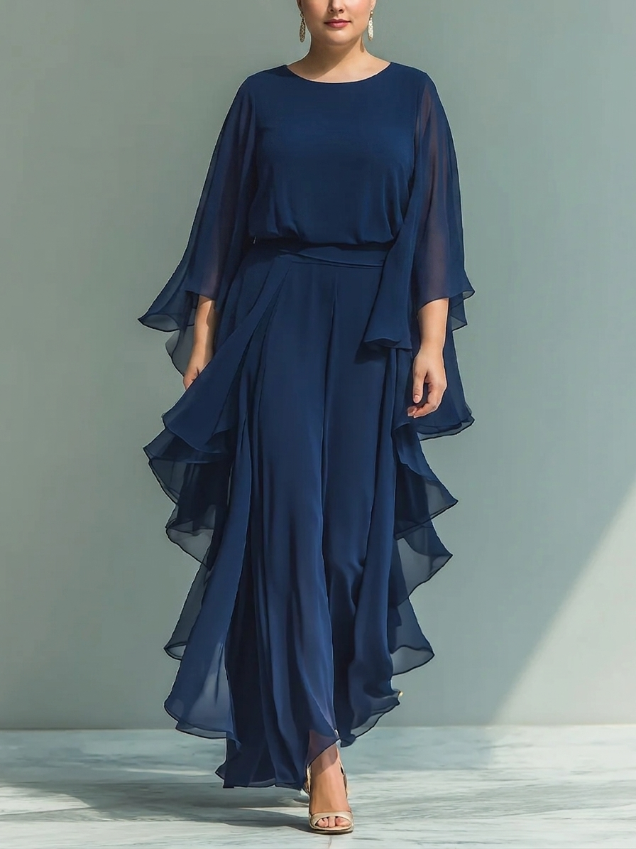 Round Neck Cape Sleeve Ruffle Chiffon Maxi Dress 2